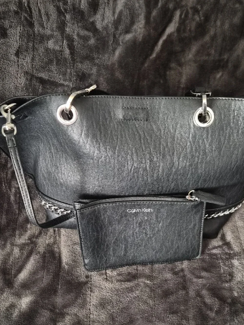 Calvin Klein Black Tote with Silver Chain Accent